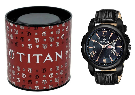 Titan Black Dial Analog Day & Date Men's Watch with Leather Strap – Premium Edition